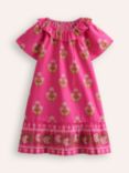Mini Boden Kids' Floral Print Ruffle Neck Pull On Holiday Dress, Pink