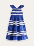 Boden Kids' Tiered Twirly Ric Rac Dress, Sapphire Blue/White