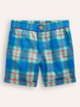 Mini Boden Kids' Linen Blend Smart Check Shorts, Blue/Green