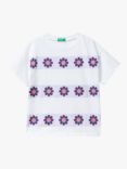 Benetton Kids' Floral Stripe Short Sleeve T-Shirt, Optical White/Multi