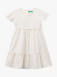Benetton Kids' Floral Embroidered Poplin Tiered Dress, Cream