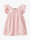 Benetton Kids' Linen Blend Floral Print Frill Sleeve Dress, Pink/Multi