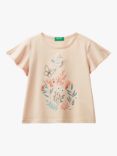 Benetton Kids' Butterfly Floral Print Slit Sleeve T-Shirt, Sand