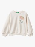 Benetton Kids' Floral Embroidered Jumper, Cream
