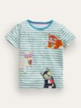 Mini Boden Kids' Ice Cream Cat Applique Stripe T-Shirt, Blue
