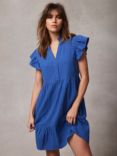 Mint Velvet Ruffle Sleeve Mini Cotton Dress, Blue