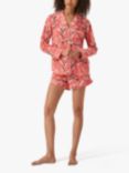 myza Organic Cotton Crane Print Shirt & Shorts Pyjamas, Coral/Multi