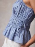 Mint Velvet Striped Cotton Frill Sleeve Top, Blue/White
