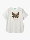 Benetton Kids' Sequin Butterfly Short Sleeve T-Shirt, Cream