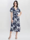 Gina Bacconi Gemma Floral Print Midi Jersey Dress, Navy/White