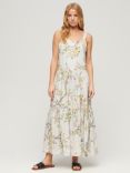 Superdry Woven Tiered Maxi Dress, Blossom Birds Grey