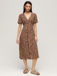 Superdry Printed Button Short Sleeve Midi Tea Dress, Betsy Ditsy Brown