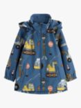 Lindex Baby Construction Vehicle Print Waterproof Hooded Jacket, Dusty Blue