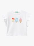 Benetton Kids' Glitter Ice Cream Ruffle Short Sleeve T-Shirt, Optical White