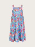 Monsoon Kids' Flamingo Print Tiered Midi Dress, Blue