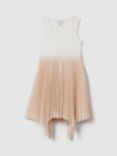Reiss Kids' Harriet Knit Contrast Pleated Asymmetric Dress, Ecru
