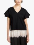 SISLEY Ruffle Sleeve V-Neck Cotton T-Shirt, Black