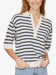 Sisters Point Hilva Fine V-Neck Knitted Polo Top, Cream/Midnight