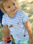 Frugi Ennis Organic Cotton Rabbit Embroidered Stripe T-Shirt, Tide/Multi