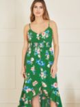 Yumi Floral Print High Low Frill Hem Midi Dress, Green/Multi