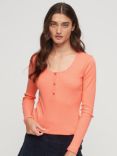 Superdry Ribbed Long Sleeve Henley Top, Pastelline Coral