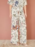Yumi Bird and Floral Print Wide Leg Trousers, White/Multi