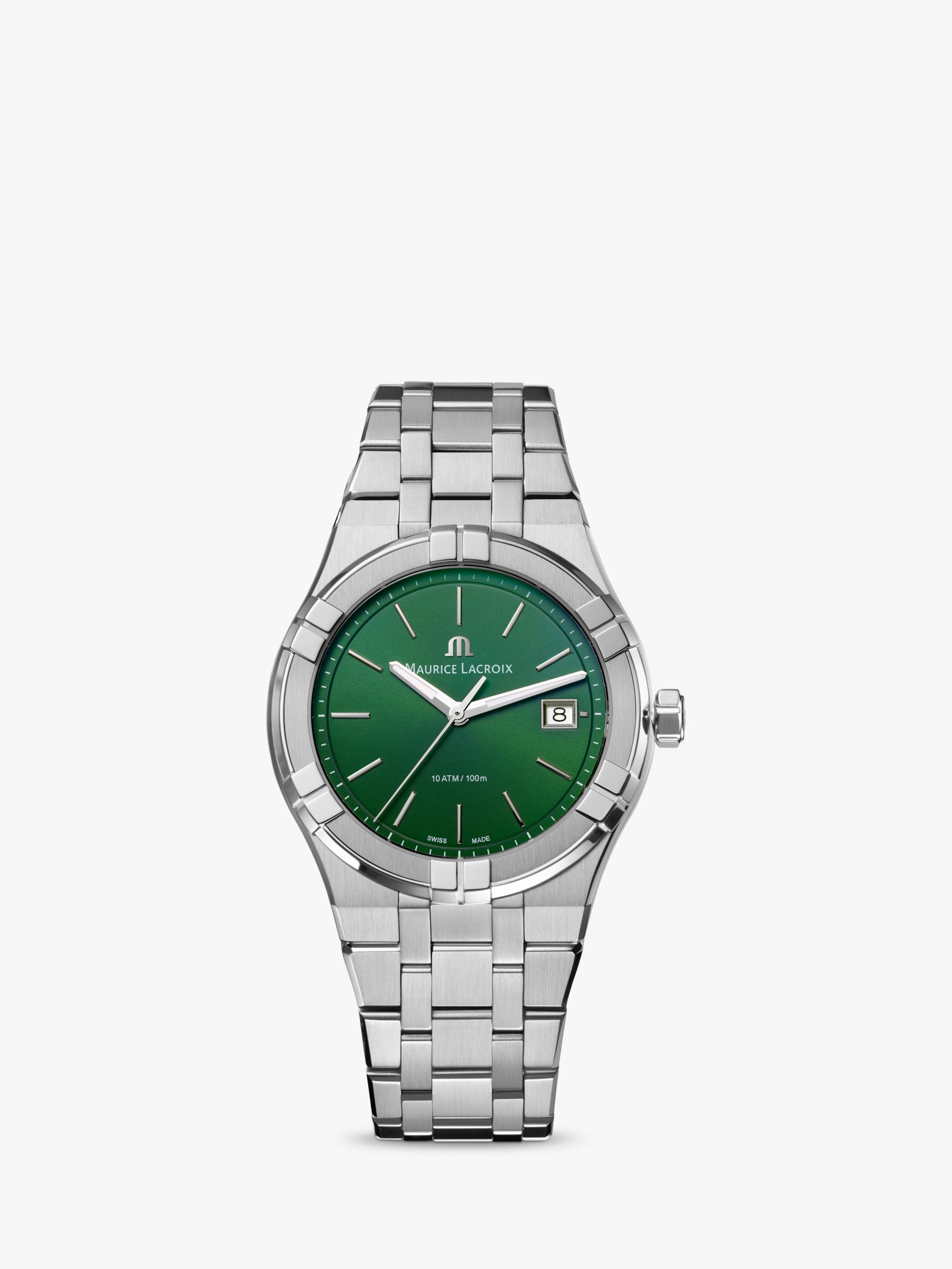 Maurice Lacroix AI1108-SS002-630-1 Men\'s Aikon Quartz Date Bracelet Strap  Watch, Silver/Green at John Lewis & Partners