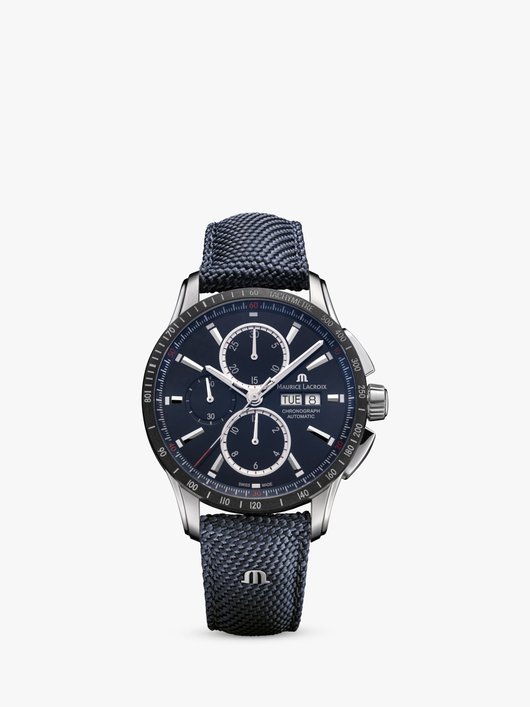 Maurice Lacroix PT6038-SSL24-430-4 Men's Pontos Chronograph Date Automatic  Leather Strap Watch, Blue at John Lewis & Partners