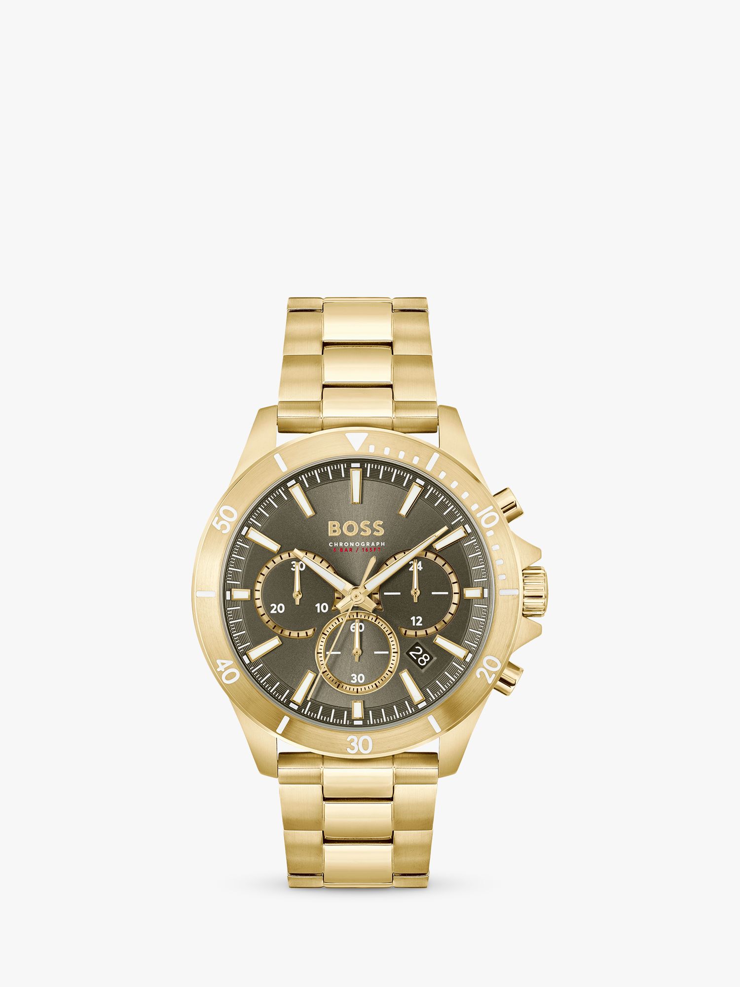 BOSS Men\'s Troper Chronograph Bracelet Strap Watch, Gold/ Olive Green  1514059 at John Lewis & Partners