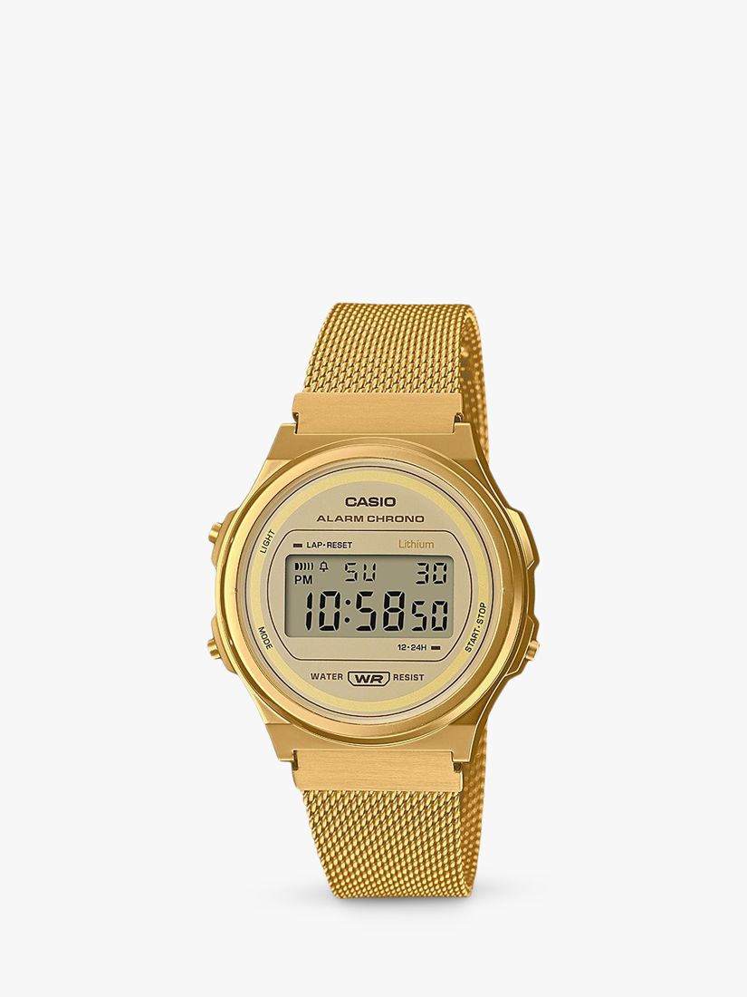 cangrejo Evaluación étnico Casio A171WEMG-9AEF Unisex Retro Digital Chronograph Mesh Bracelet Strap  Watch, Gold at John Lewis & Partners