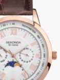 Sekonda Men's Armstrong Chronograph Moonphase Leather Strap Watch, Brown/Rose Gold 30148