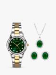Sekonda Women's Catherine Crystal Bracelet Strap Watch, Pendant Necklace & Stud Earring Jewellery Set, Two Tone/Green