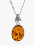 Be-Jewelled Oval Amber Pendant Necklace, Silver/Cognac