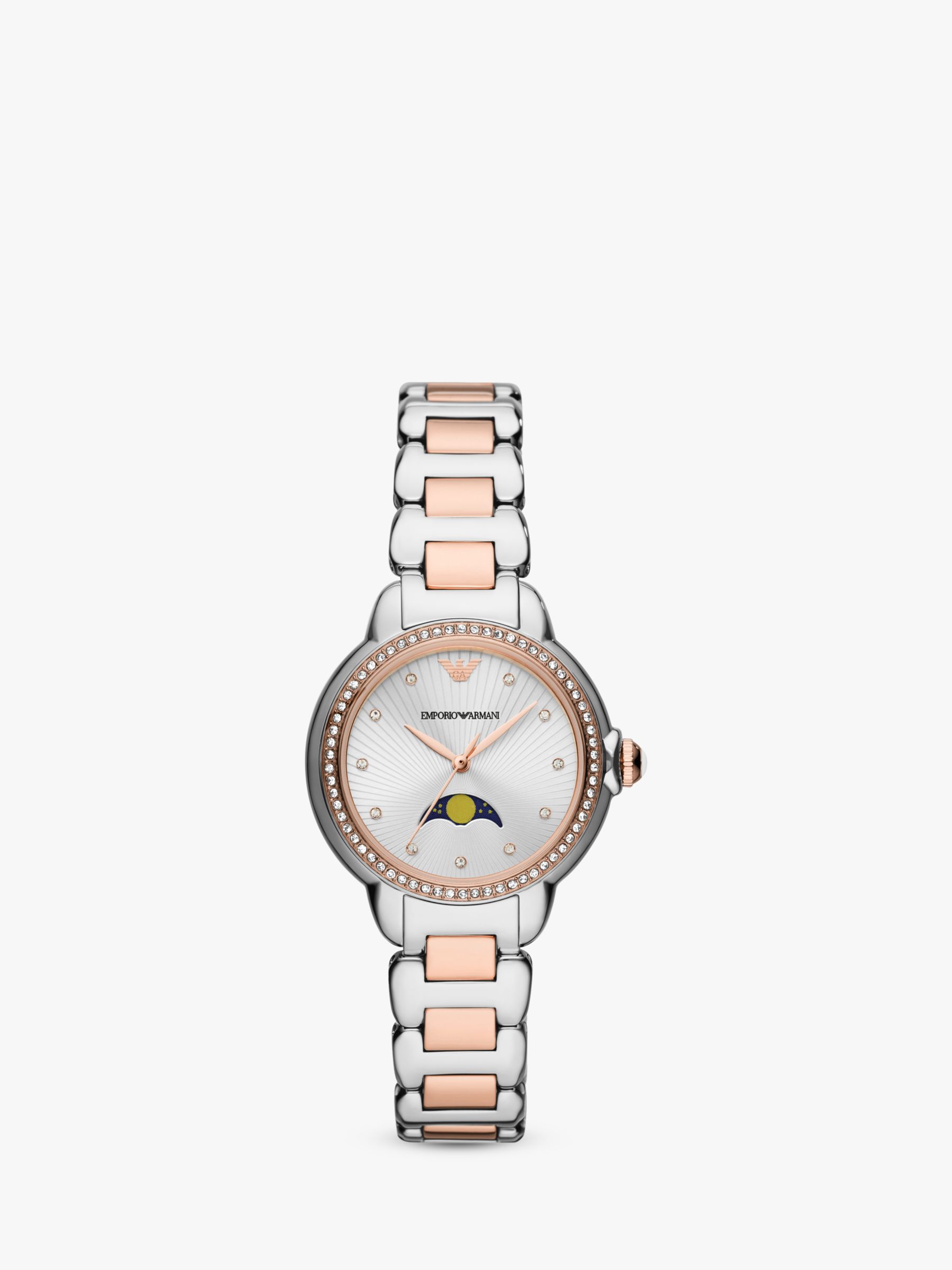 Emporio Armani AR11567 Women\'s Moonphase & Bracelet Watch, Lewis Silver/Rose John Gold at Partners Embellished Strap