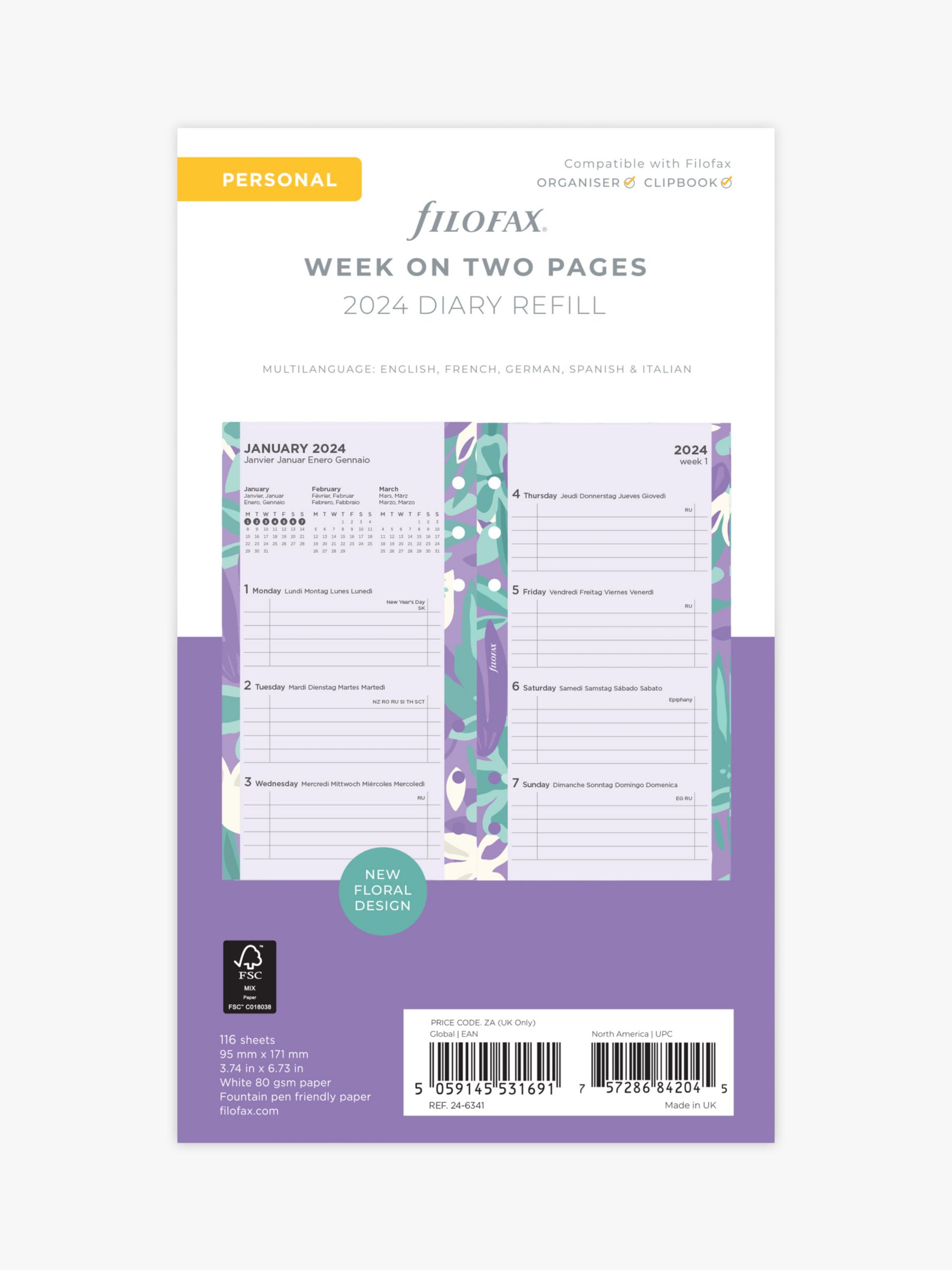 Filofax Personal Floral Week on Two Pages 2024 Personal Organiser Insert,  Multi