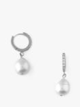 Orelia Pearl Drop Pave Huggie Hoop Earrings, Silver/White