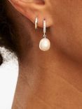 Orelia Pearl Drop Pave Huggie Hoop Earrings, Silver/White