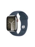 Apple Watch Series 9 GPS + Cellular, 41mm, Stainless Steel Case, Sport Band, Small-Medium, Silver/Storm Blue
