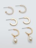 John Lewis Faux Pearl and Crystal Mini Half Hoop Earrings, Set of 3 Pairs, Gold