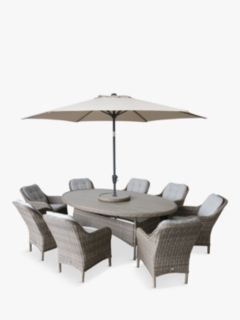 LG Outdoor St Tropez 8-Seater Oval Garden Dining Table & Chairs Set with Parasol, Sand