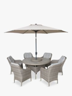 LG Outdoor St Tropez 6-Seater Round Garden Dining Table & Chairs Set with Parasol, Sand