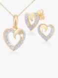 Mogul 9ct Yellow Gold Diamond Heart Necklace and Earrings Jewellery Set, Gold