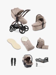 egg 3 Pushchair, Carrycot & Accessories with Egg Shell Car Seat and Base Luxury Bundle, Houndstooth Almond