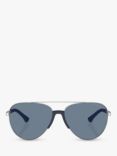 Emporio Armani EA2059 Men's Polarised Aviator Sunglasses, Matte Silver/Blue