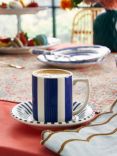 Spode Steccato Stripe Earthenware Espresso Cup & Saucer, Set of 2, 90ml, Blue/White