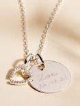 Merci Maman Personalised Disc & Crystal Heart Charm Pendant Necklace, Silver