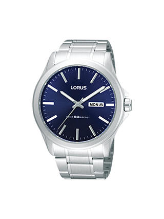 Lorus RXN65CX9 Men's Day Date Bracelet Strap Watch, Silver/Blue
