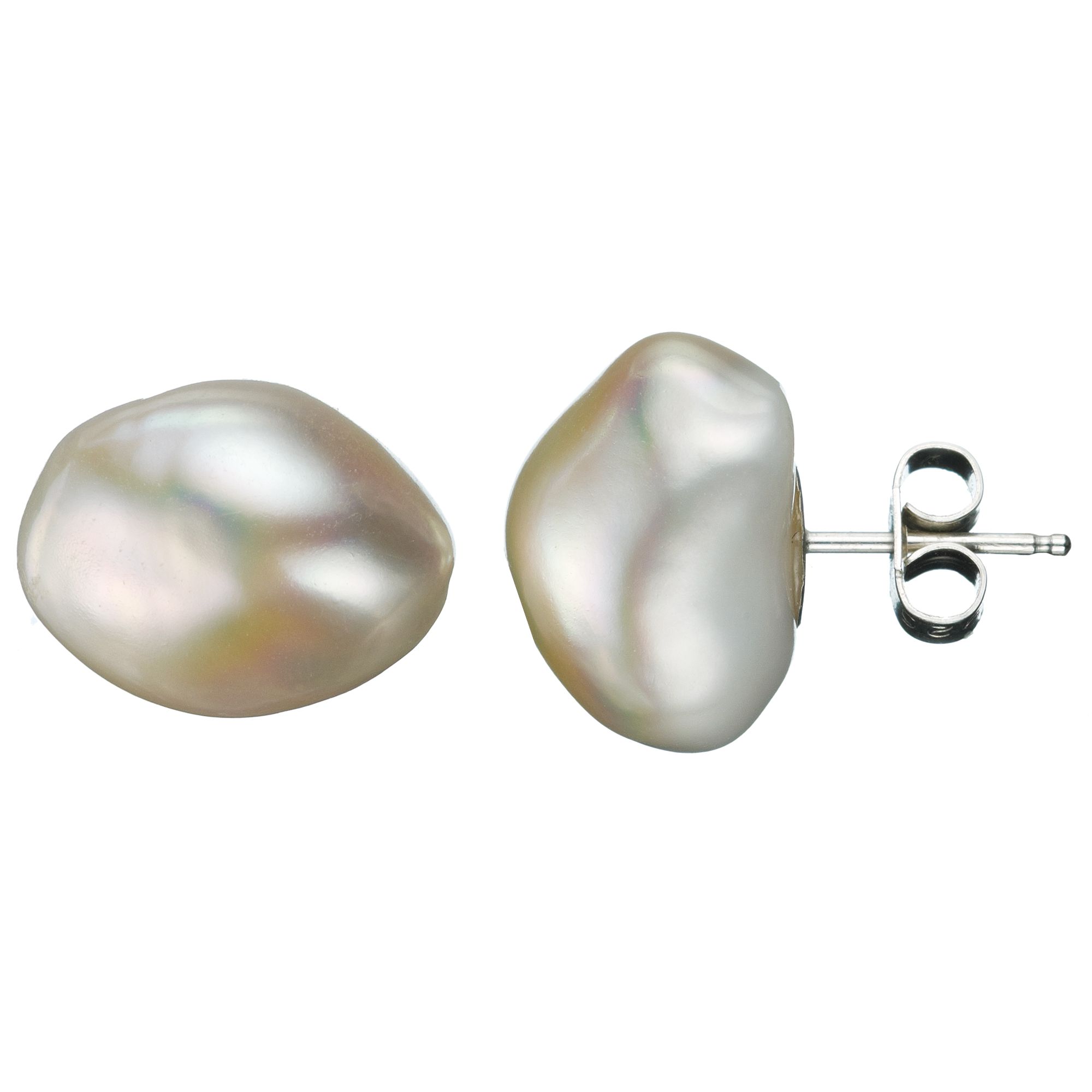 A B Davis Baroque Cultured Flat White Pearl Stud Earrings