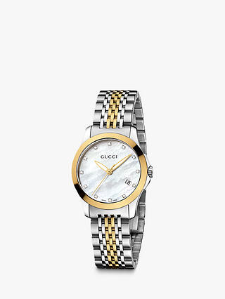 Gucci YA126513 Women's G-Timeless Mother of Pearl Diamond Two Tone Bracelet Strap Watch, Silver/Gold
