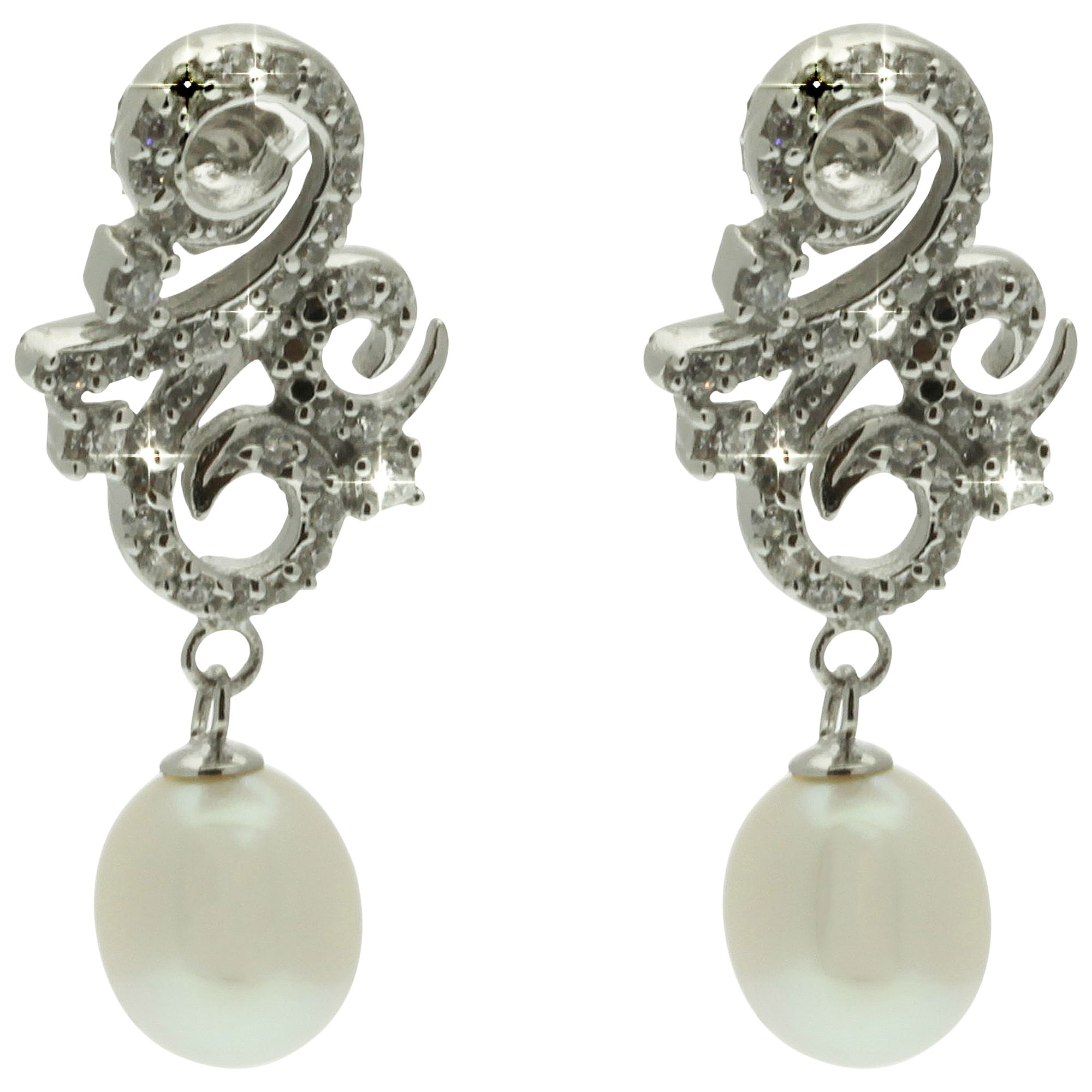 Lido Silver Scroll Pearl Drop Earrings, White